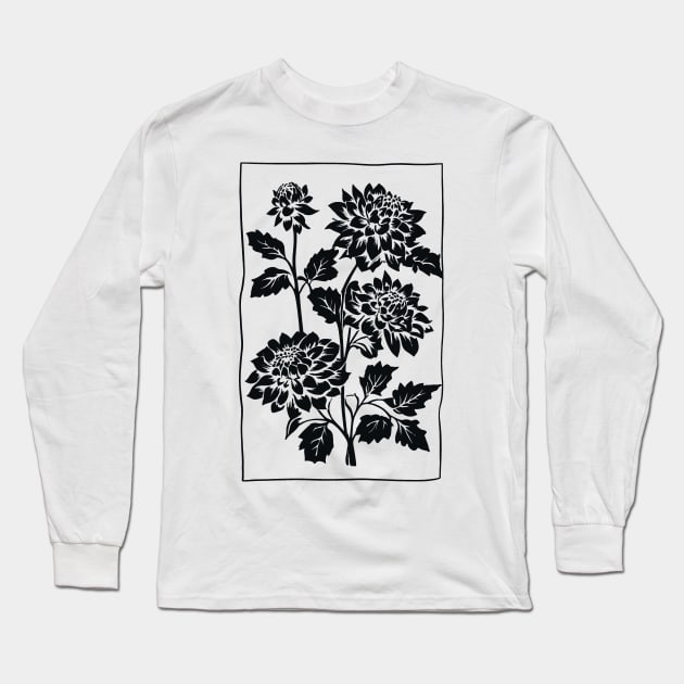 Black Dahlia Flowers Block Print Long Sleeve T-Shirt by craftydesigns